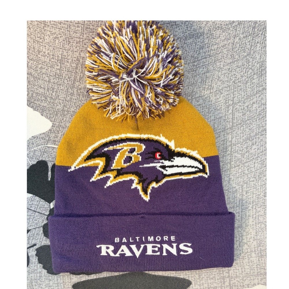 Baltimore Ravens NFL Ultra Game Knit Pom Beanie Purple Gold Logo Winter Hat OSFM